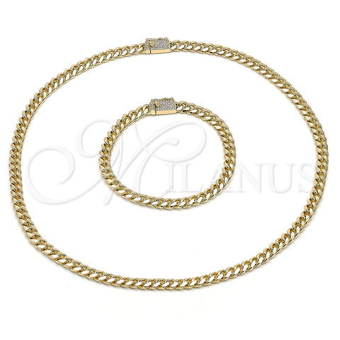 Oro Laminado Necklace and Bracelet, Gold Filled Style Miami Cuban Design, with White Micro Pave, Polished, Golden Finish, 06.213.0025.18