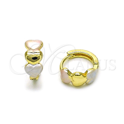 Oro Laminado Huggie Hoop, Gold Filled Style Heart Design, Polished, Tricolor, 02.213.0608.12