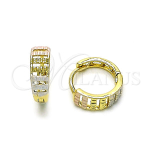 Gold Filled Hoop Earrings — Huggie Hoop Diamond Cutting Tricolor 02. — main product view — SKU 154665 | Oro Laminado aretes de aro — Huggie Hoop Diamond Cutting Tricolor 02. — SKU 154665