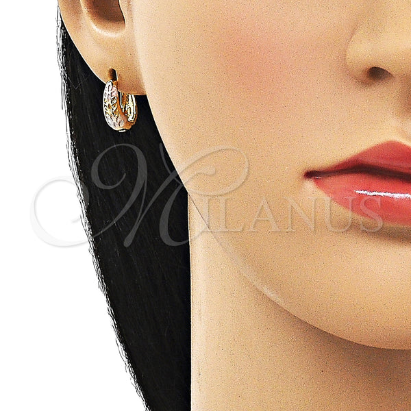 Gold Filled Hoop Earrings — Huggie Hoop Leaf Design Polished Tricolor 02. — alternate product view — SKU 154666 | Oro Laminado aretes de aro — Huggie Hoop Leaf diseño pulido Tricolor 02. — SKU 154666