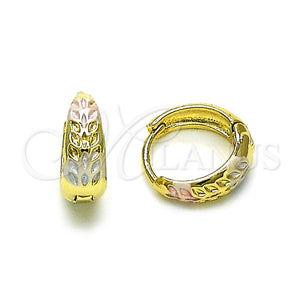 Gold Filled Hoop Earrings — Huggie Hoop Leaf Design Polished Tricolor 02. — main product view — SKU 154666 | Oro Laminado aretes de aro — Huggie Hoop Leaf diseño pulido Tricolor 02. — SKU 154666