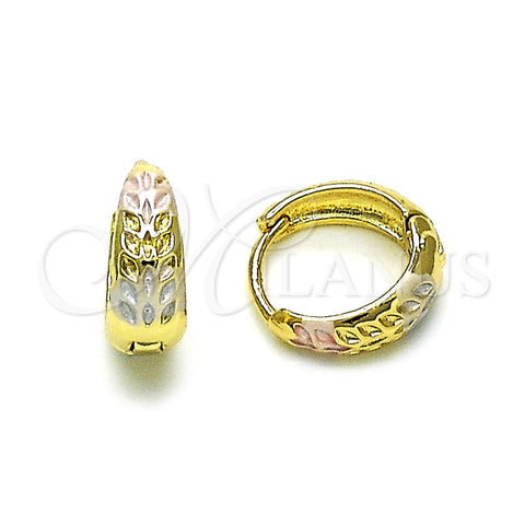 Oro Laminado Huggie Hoop, Gold Filled Style Leaf Design, Polished, Tricolor, 02.213.0612.14