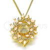 Oro Laminado Pendant Necklace, Gold Filled Style Caridad del Cobre and Leaf Design, with Pink Cubic Zirconia and White Micro Pave, Polished, Golden Finish, 04.195.0068.18 (02 MM Thickness, 18 Inches Length)