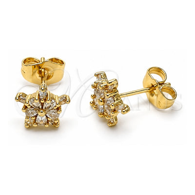 Oro Laminado Stud Earring, Gold Filled Style Star and Flower Design, with White Cubic Zirconia, Polished, Golden Finish, 02.195.0270