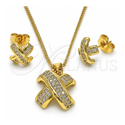 Oro Laminado Earring and Pendant Adult Set, Gold Filled Style with White Micro Pave, Polished, Golden Finish, 10.156.0481