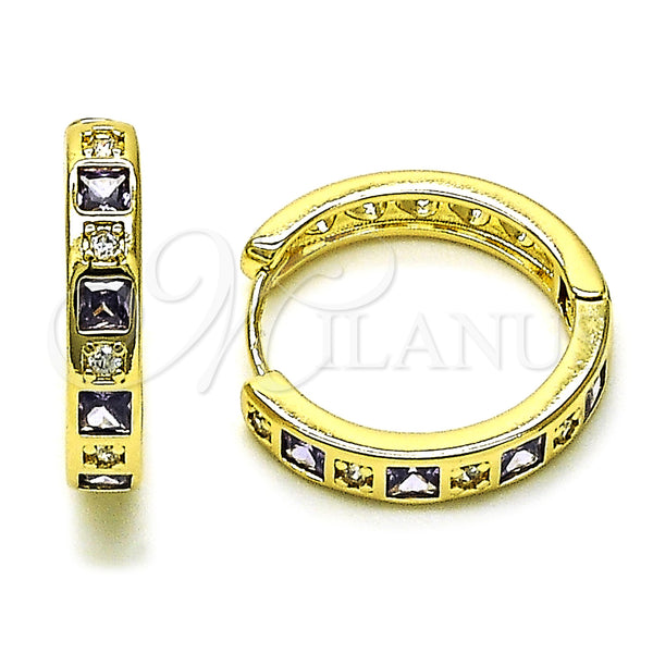 Gold Filled Hoop Earrings — Huggie Hoop with Amethyst and White Cubic Zirconia — main product view — SKU 154742 | Oro Laminado aretes de aro — Huggie Hoop with Amethyst and blanco Cubic Zirconia — SKU 154742