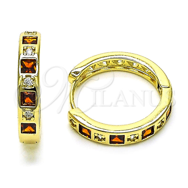 Gold Filled Hoop Earrings — Huggie Hoop with Garnet and White Cubic Zirconia — main product view — SKU 154743 | Oro Laminado aretes de aro — Huggie Hoop with Garnet and blanco Cubic Zirconia — SKU 154743