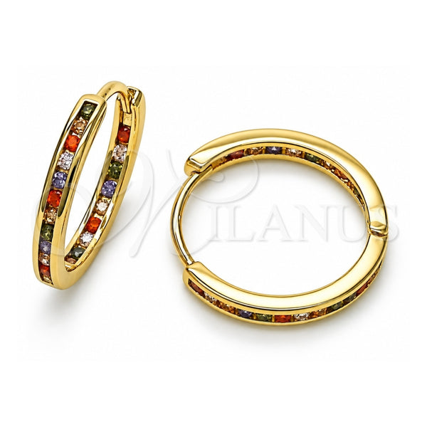 Oro Laminado Huggie Hoop, Gold Filled Style with Multicolor Cubic Zirconia, Polished, Golden Finish, 02.213.0619.20