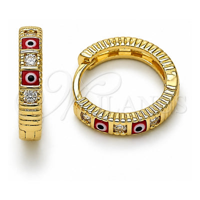 Oro Laminado Huggie Hoop, Gold Filled Style Evil Eye Design, with White Cubic Zirconia, Red Enamel Finish, Golden Finish, 02.213.0620.15