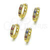 Oro Laminado Huggie Hoop, Gold Filled Style Evil Eye Design, with White Cubic Zirconia, Multicolor Enamel Finish, Golden Finish, 02.213.0620.1.15