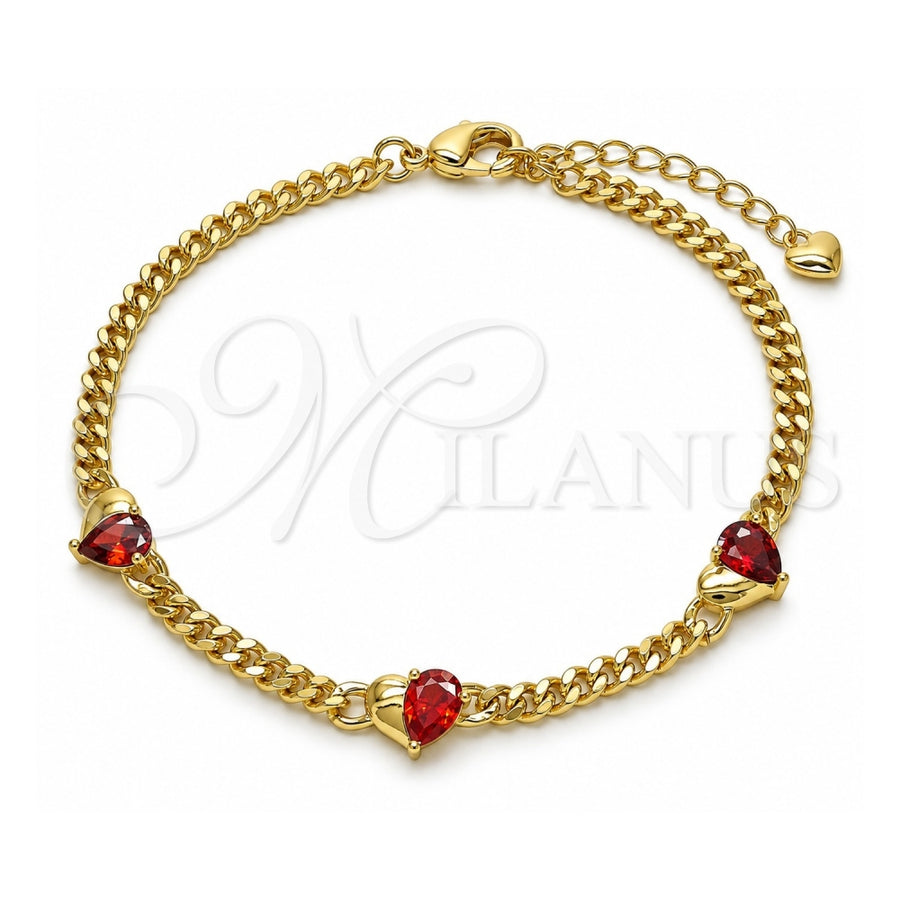 Oro Laminado Fancy Bracelet, Gold Filled Style Heart Design, with Garnet Cubic Zirconia, Polished, Golden Finish, 03.213.0248.08 (04 MM Thickness, 8 Inches Length)