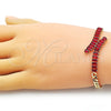 Oro Laminado Fancy Bracelet, Gold Filled Style Miami Cuban and Baguette Design, with Garnet Cubic Zirconia, Polished, Golden Finish, 03.283.0077.1.07 (05 MM Thickness, 7 Inches Length)