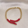 Oro Laminado Fancy Bracelet, Gold Filled Style Miami Cuban and Baguette Design, with Garnet Cubic Zirconia, Polished, Golden Finish, 03.283.0077.1.07 (05 MM Thickness, 7 Inches Length)