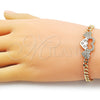 Oro Laminado Fancy Bracelet, Gold Filled Style Miami Cuban and Heart Design, with White Micro Pave and White Cubic Zirconia, Polished, Golden Finish, 03.283.0369.08 (05 MM Thickness, 8 Inches Length)