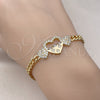 Oro Laminado Fancy Bracelet, Gold Filled Style Miami Cuban and Heart Design, with White Micro Pave and White Cubic Zirconia, Polished, Golden Finish, 03.283.0369.08 (05 MM Thickness, 8 Inches Length)