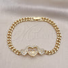 Oro Laminado Fancy Bracelet, Gold Filled Style Miami Cuban and Heart Design, with White Micro Pave and White Cubic Zirconia, Polished, Golden Finish, 03.283.0369.08 (05 MM Thickness, 8 Inches Length)