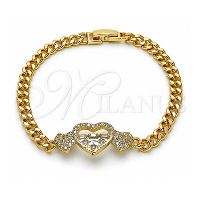 Oro Laminado Fancy Bracelet, Gold Filled Style Miami Cuban and Heart Design, with White Micro Pave and White Cubic Zirconia, Polished, Golden Finish, 03.283.0369.08 (05 MM Thickness, 8 Inches Length)