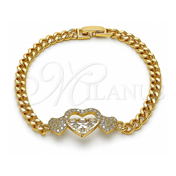 Oro Laminado Fancy Bracelet, Gold Filled Style Miami Cuban and Heart Design, with White Micro Pave and White Cubic Zirconia, Polished, Golden Finish, 03.283.0369.08 (05 MM Thickness, 8 Inches Length)