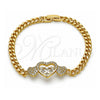 Oro Laminado Fancy Bracelet, Gold Filled Style Miami Cuban and Heart Design, with White Micro Pave and White Cubic Zirconia, Polished, Golden Finish, 03.283.0369.08 (05 MM Thickness, 8 Inches Length)