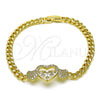 Oro Laminado Fancy Bracelet, Gold Filled Style Miami Cuban and Heart Design, with White Micro Pave and White Cubic Zirconia, Polished, Golden Finish, 03.283.0369.08 (05 MM Thickness, 8 Inches Length)