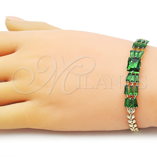 Gold Filled Bracelet — Fancy Bracelet Baguette and Leaf Design with Green — alternate product view — SKU 154830 | Oro Laminado brazalete — elegante Bracelet Baguette and Leaf diseño with Green — SKU 154830