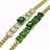 Oro Laminado Fancy Bracelet, Gold Filled Style Baguette and Leaf Design, with Green Cubic Zirconia, Polished, Golden Finish, 03.283.0305.2.07 (05 MM Thickness, 7 Inches Length)