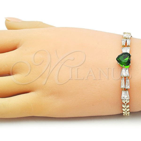 Gold Filled Bracelet — Fancy Bracelet Heart and Baguette Design with Green — alternate product view — SKU 154831 | Oro Laminado brazalete — elegante Bracelet corazón and Baguette diseño with Green — SKU 154831
