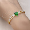 Oro Laminado Fancy Bracelet, Gold Filled Style Heart and Baguette Design, with Green and White Cubic Zirconia, Polished, Golden Finish, 03.283.0304.2.07 (05 MM Thickness, 7 Inches Length)