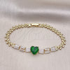 Oro Laminado Fancy Bracelet, Gold Filled Style Heart and Baguette Design, with Green and White Cubic Zirconia, Polished, Golden Finish, 03.283.0304.2.07 (05 MM Thickness, 7 Inches Length)