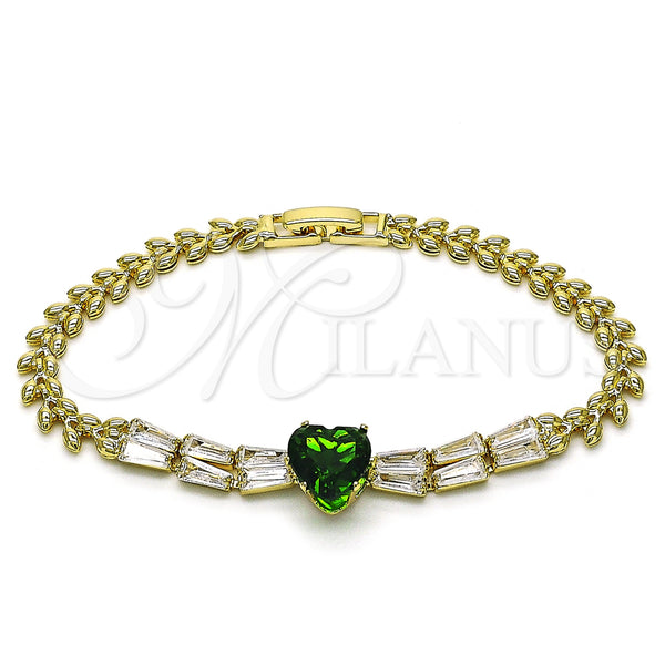 Gold Filled Bracelet — Fancy Bracelet Heart and Baguette Design with Green — main product view — SKU 154831 | Oro Laminado brazalete — elegante Bracelet corazón and Baguette diseño with Green — SKU 154831
