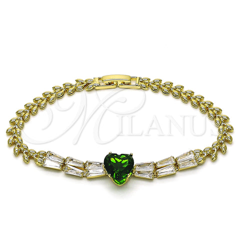 Oro Laminado Fancy Bracelet, Gold Filled Style Heart and Baguette Design, with Green and White Cubic Zirconia, Polished, Golden Finish, 03.283.0304.2.07 (05 MM Thickness, 7 Inches Length)