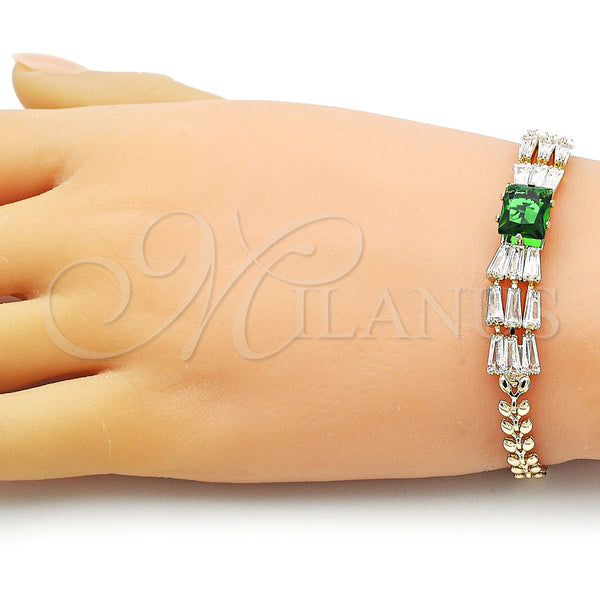 Gold Filled Bracelet — Fancy Bracelet Baguette and Leaf Design with Green — alternate product view — SKU 154832 | Oro Laminado brazalete — elegante Bracelet Baguette and Leaf diseño with Green — SKU 154832