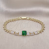 Oro Laminado Fancy Bracelet, Gold Filled Style Baguette and Leaf Design, with Green and White Cubic Zirconia, Polished, Golden Finish, 03.283.0373.07 (05 MM Thickness, 7 Inches Length)
