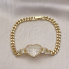 Oro Laminado Fancy Bracelet, Gold Filled Style Heart and Miami Cuban Design, with White Micro Pave, Polished, Golden Finish, 03.283.0375.07