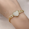 Oro Laminado Fancy Bracelet, Gold Filled Style Heart and Miami Cuban Design, with White Micro Pave, Polished, Golden Finish, 03.283.0375.07 (05 MM Thickness, 7 Inches Length)