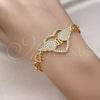Oro Laminado Fancy Bracelet, Gold Filled Style Heart and Wings Design, with White Micro Pave, Polished, Golden Finish, 03.283.0378.08 (09 MM Thickness, 8 Inches Length)