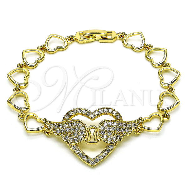 Oro Laminado Fancy Bracelet, Gold Filled Style Heart and Wings Design, with White Micro Pave, Polished, Golden Finish, 03.283.0378.08 (09 MM Thickness, 8 Inches Length)