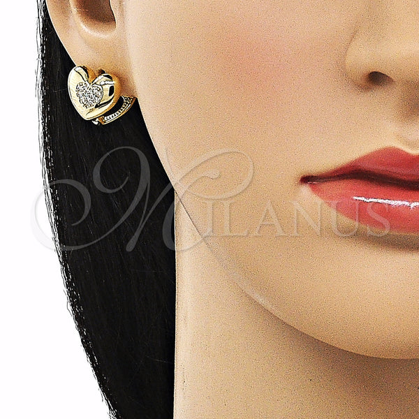 Gold Filled Hoop Earrings — Huggie Hoop Heart Design with White Micro Pave — alternate product view — SKU 154888 | Oro Laminado aretes de aro — Huggie Hoop corazón diseño with blanco Micro Pave — SKU 154888