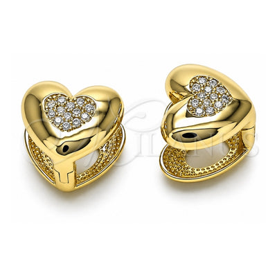 Oro Laminado Huggie Hoop, Gold Filled Style Heart Design, with White Micro Pave, Polished, Golden Finish, 02.213.0628.12