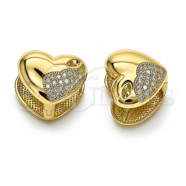 Oro Laminado Stud Earring, Gold Filled Style Heart Design, with White Micro Pave, Polished, Golden Finish, 02.213.0629.12