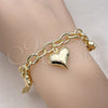 Oro Laminado Charm Bracelet, Gold Filled Style Rolo and Heart Design, Polished, Golden Finish, 03.213.0256.07 (08 MM Thickness, 7 Inches Length)