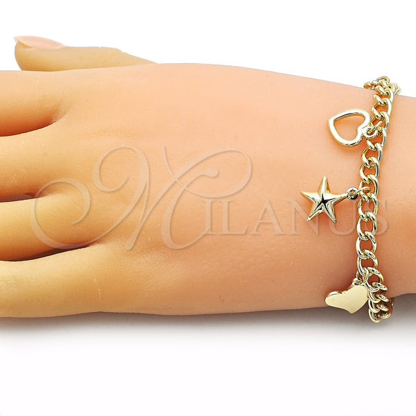 Gold Filled Bracelet — Charm Bracelet Miami Cuban and Heart Design Polished — alternate product view — SKU 154903 | Oro Laminado brazalete — Charm Bracelet Miami Cuban and corazón diseño pulido — SKU 154903