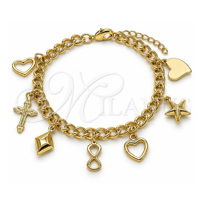 Oro Laminado Charm Bracelet, Gold Filled Style Miami Cuban and Heart Design, Polished, Golden Finish, 03.213.0257.07 (06 MM Thickness, 7 Inches Length)