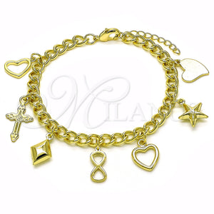 Gold Filled Bracelet — Charm Bracelet Miami Cuban and Heart Design Polished — main product view — SKU 154903 | Oro Laminado brazalete — Charm Bracelet Miami Cuban and corazón diseño pulido — SKU 154903