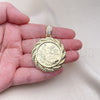 Oro Laminado Religious Pendant, Gold Filled Style Centenario Coin and Rope Design, with White Cubic Zirconia, Polished, Golden Finish, 05.213.0137
