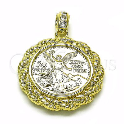 Oro Laminado Religious Pendant, Gold Filled Style Centenario Coin and Rope Design, with White Cubic Zirconia for wholesale, main product view