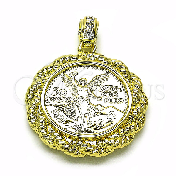 Oro Laminado Religious Pendant, Gold Filled Style Centenario Coin and Rope Design, with White Cubic Zirconia, Polished, Golden Finish, 05.213.0137