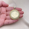 Oro Laminado Religious Pendant, Gold Filled Style Centenario Coin and Miami Cuban Design, with White Cubic Zirconia and White Micro Pave, Polished, Golden Finish, 05.213.0138