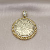 Oro Laminado Religious Pendant, Gold Filled Style Centenario Coin and Miami Cuban Design, with White Cubic Zirconia and White Micro Pave, Polished, Golden Finish, 05.213.0138