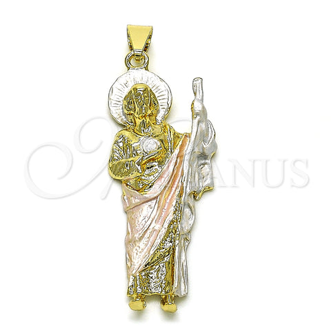 Oro Laminado Religious Pendant, Gold Filled Style San Judas Design, Diamond Cutting Finish, Tricolor, 05.213.0062.1
